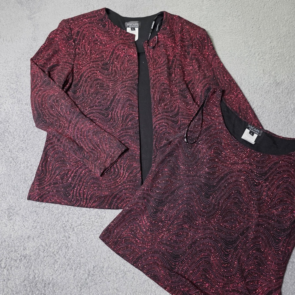 Xscape Womens L 2 Piece Jacket Tank Set Red Black Glitter Swirl Formal 3455R